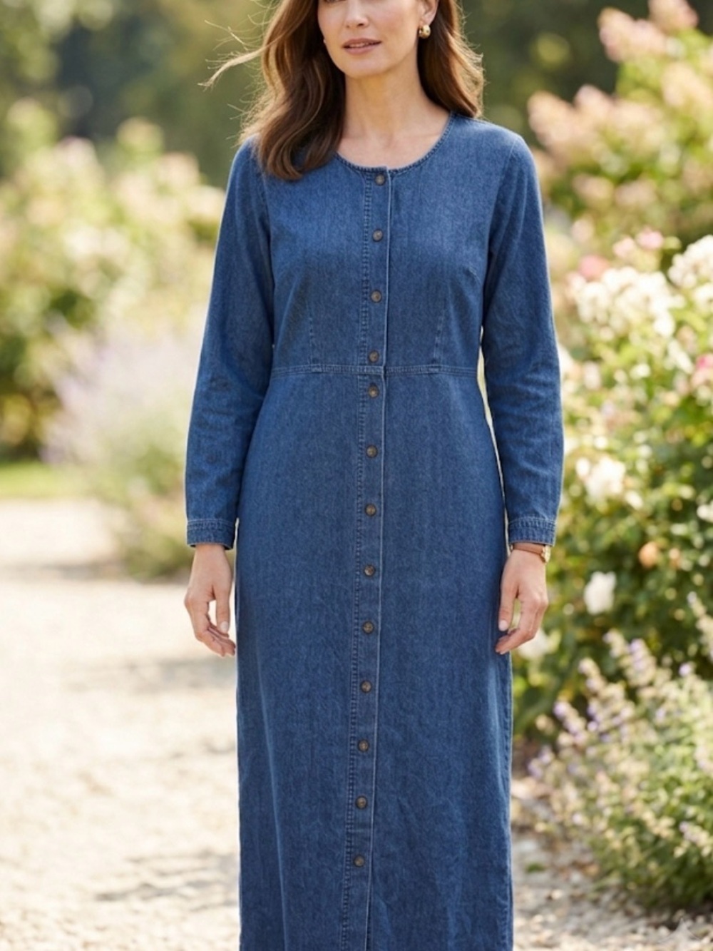 Vintage 90s L.L. Bean Denim Jean Button Front Maxi Dress Womens 12 Tall Country